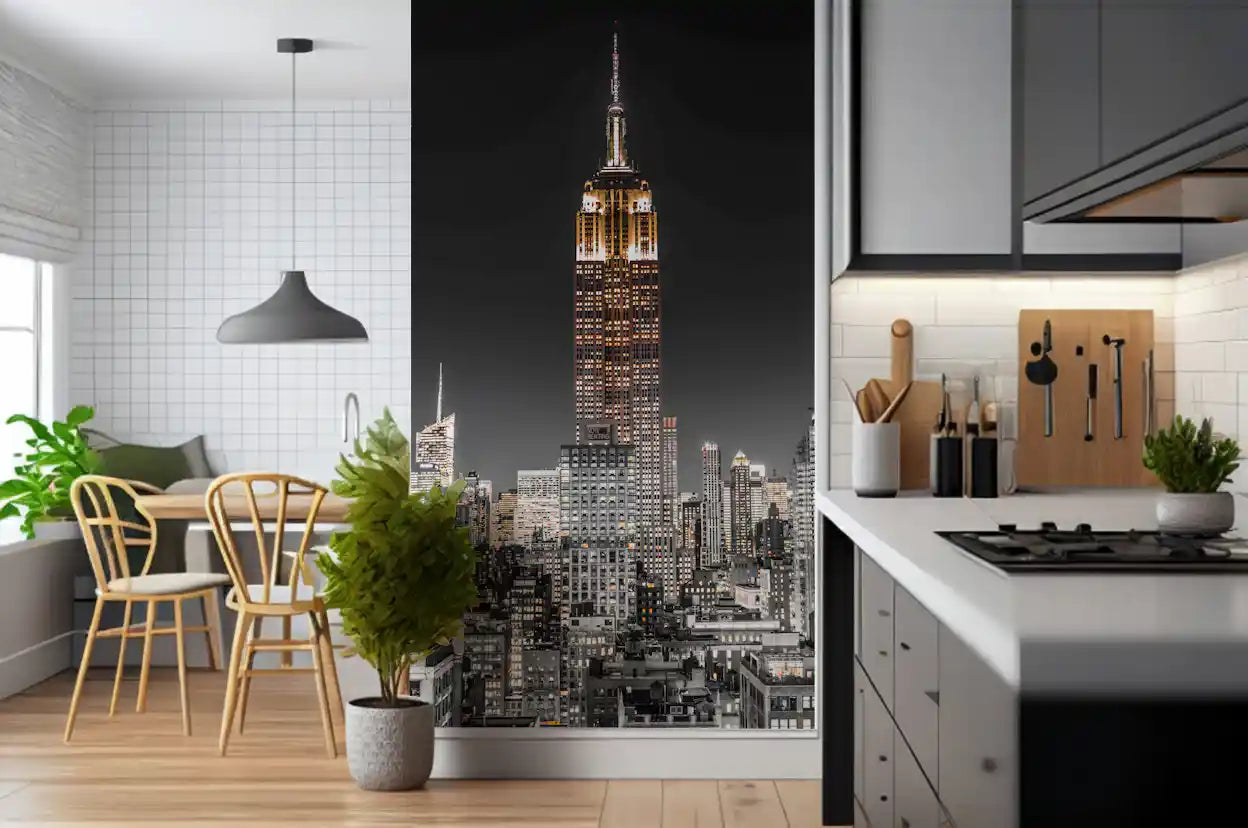 Dark blue Kitchen matches the deep tones in this urban Night wall mural.