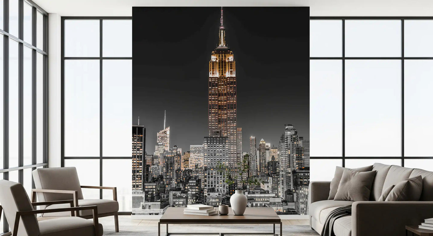 Deep black shadows contrast sharply with bright spires in this urban Empire wall mural