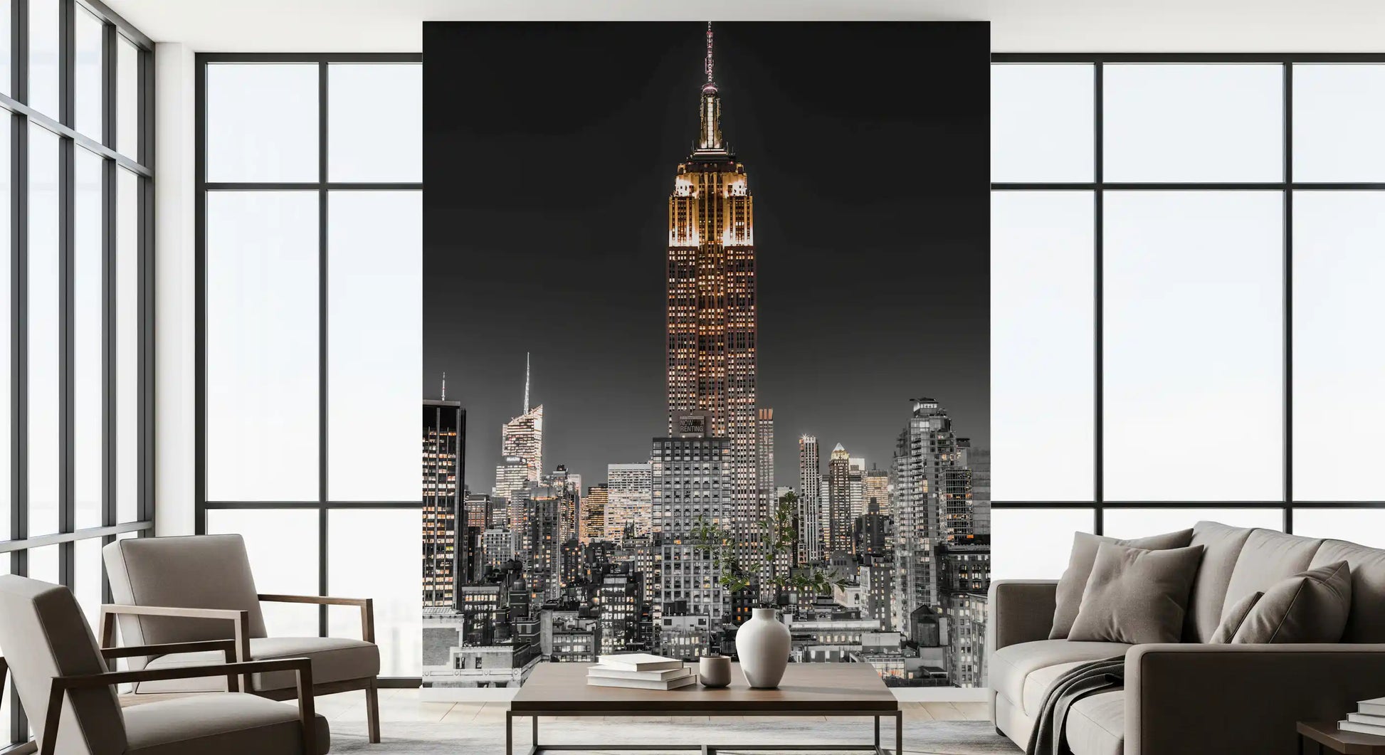 Deep black shadows contrast sharply with bright spires in this urban Empire wall mural