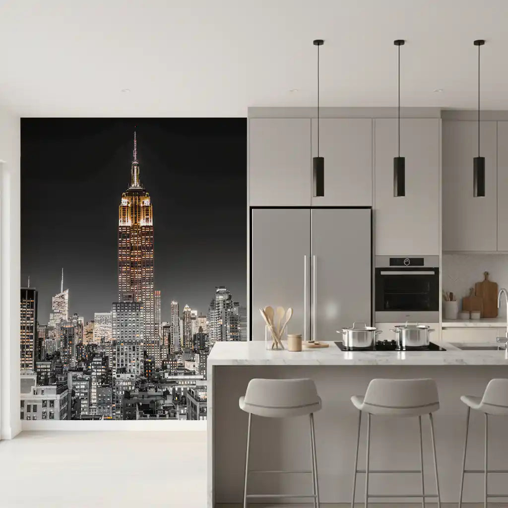 Empire Glow: NYC Night in Grayscale Gold Wall Mural