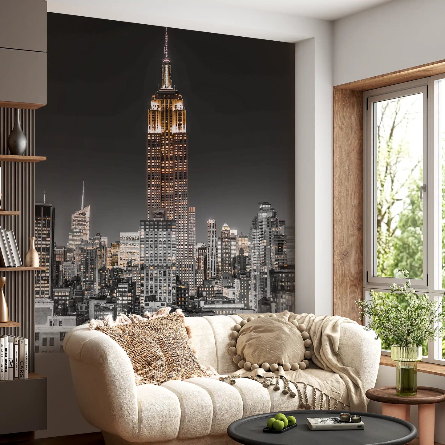 The Empire Glow NYC Night in Grayscale Gold wall mural shows a tall skyscraper