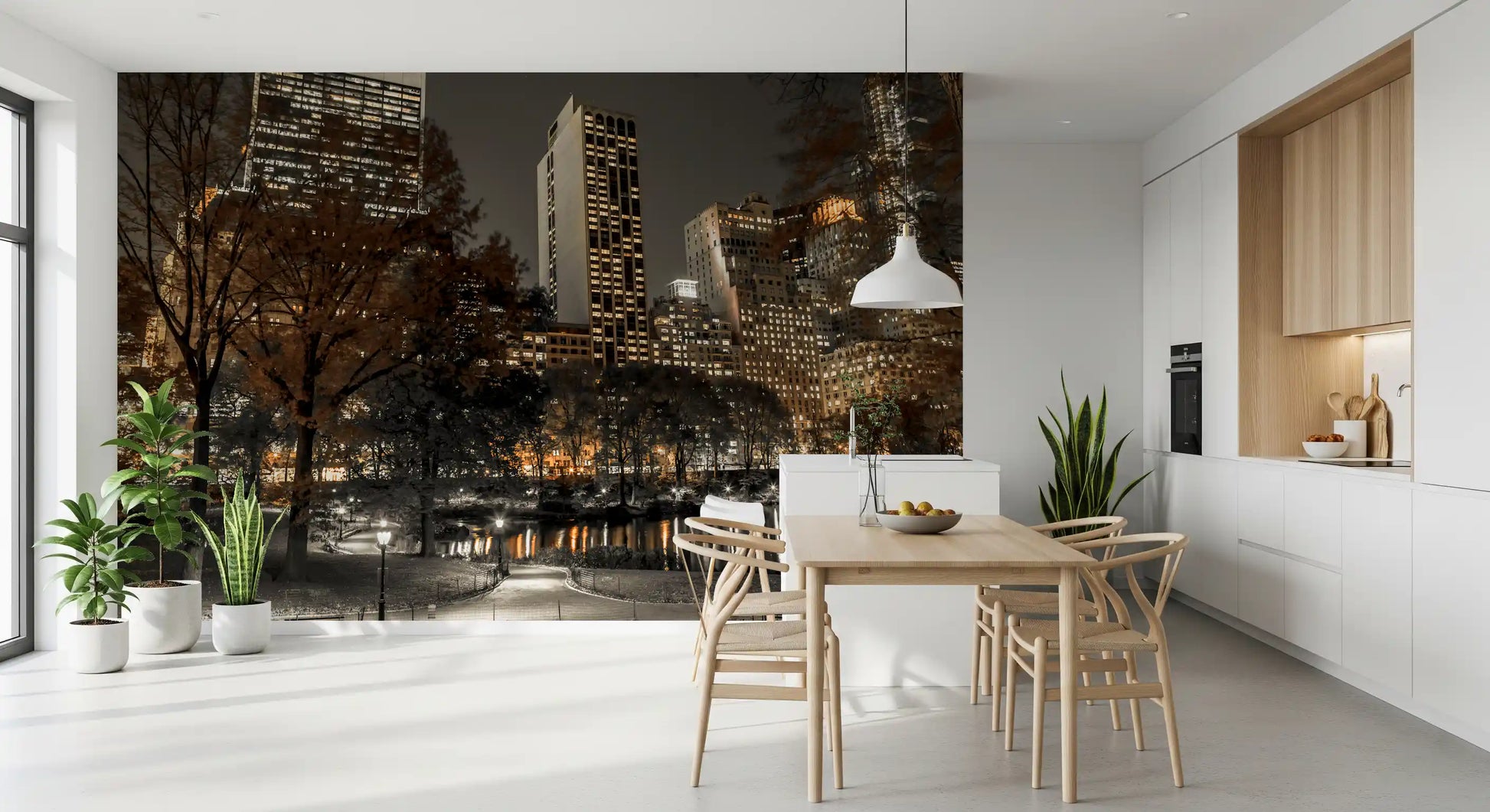 Nighttime park atmosphere meets a Dining room through the Urban Oasis Nights wall mural