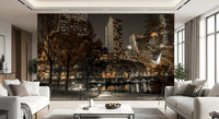 Pond reflections catch amber lamplight inside the Urban Oasis Nights wall mural pathway scene