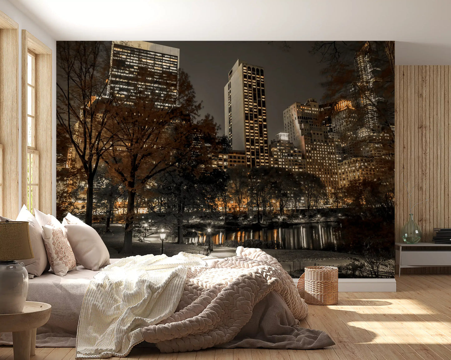 Golden window grids dot the night skyline of the Urban Oasis Nights wall mural