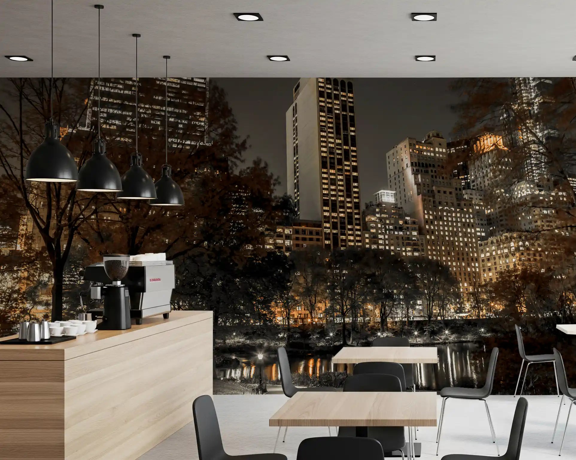 Lit window panels glow over a Café inside the Urban Oasis Nights wall mural setup
