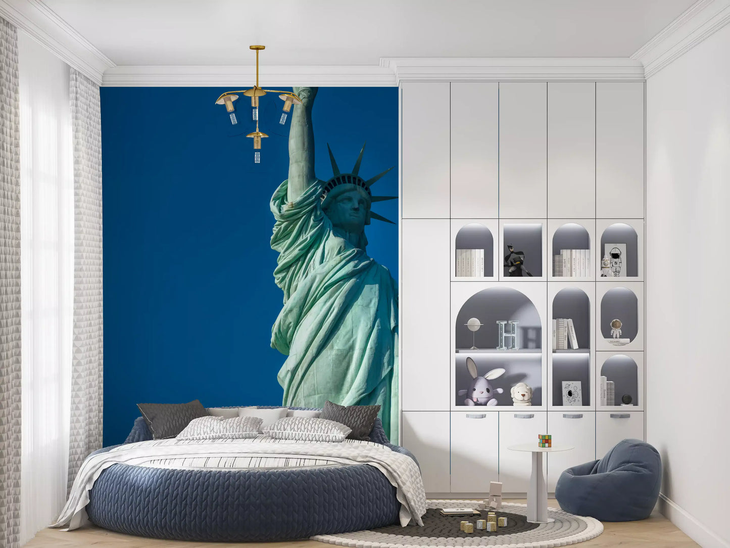 Pedestal base supports the Liberty's Grace wall mural under a tall standing form