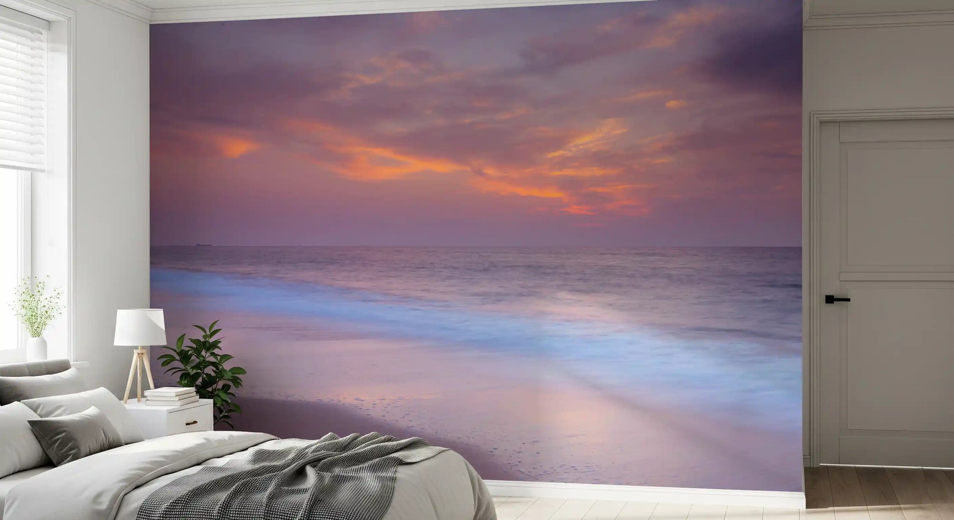 Foam edges curl onto sand under an evening sky in the Pastel Beach Serenity wall mural.