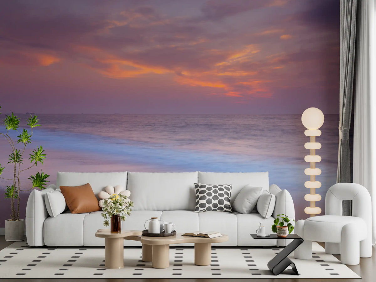 Pastel Beach Serenity wall mural opens up a calm living room with dusk-sky colour.