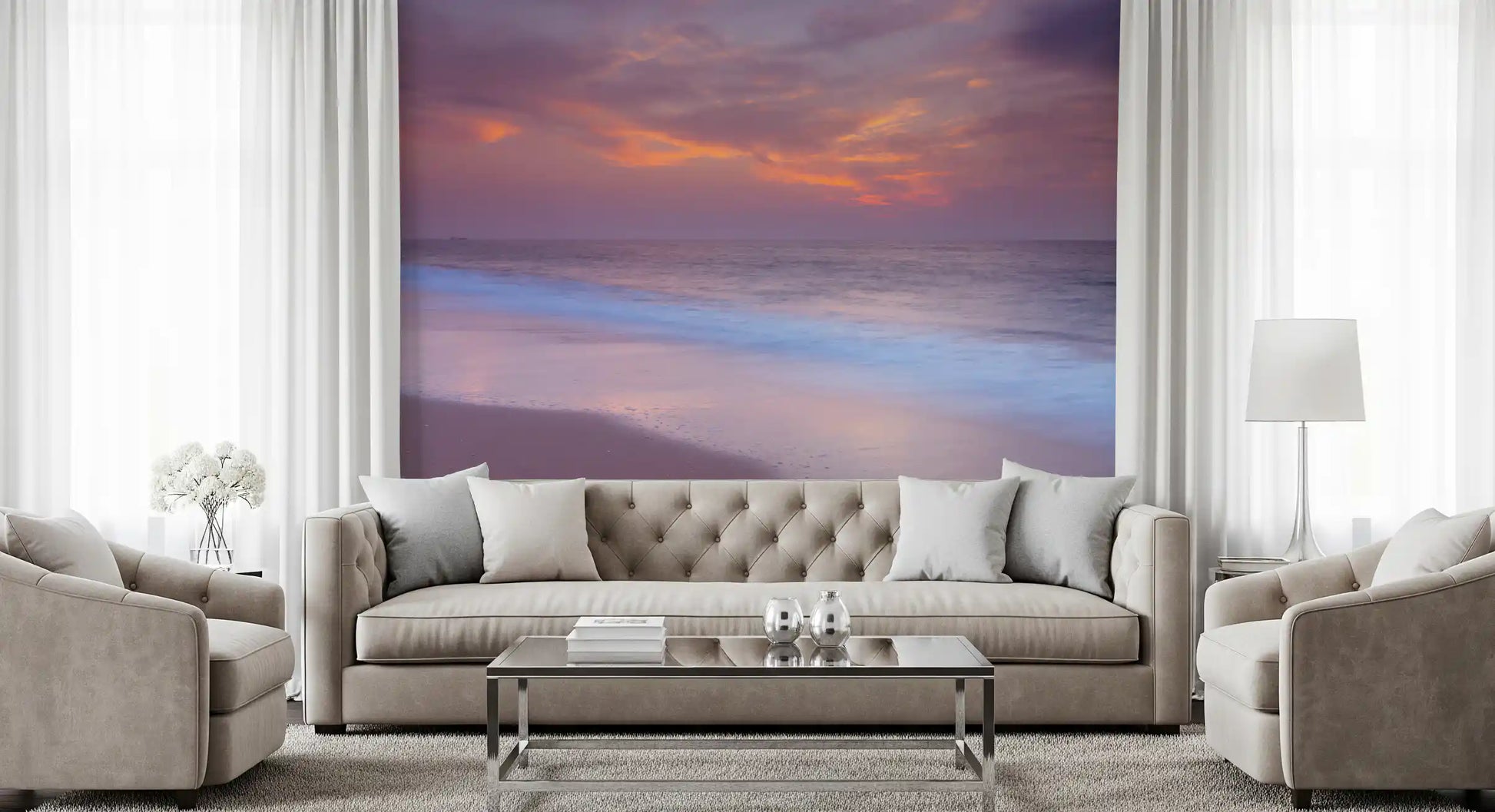 Long horizon line widens a living room with the Beach Serenity wall mural at full size.