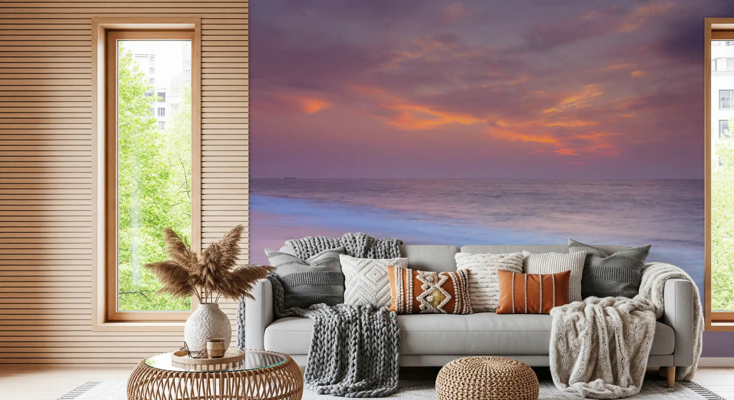 Warm gold and rose light fade into pale lilac over the Beach Serenity wall mural.