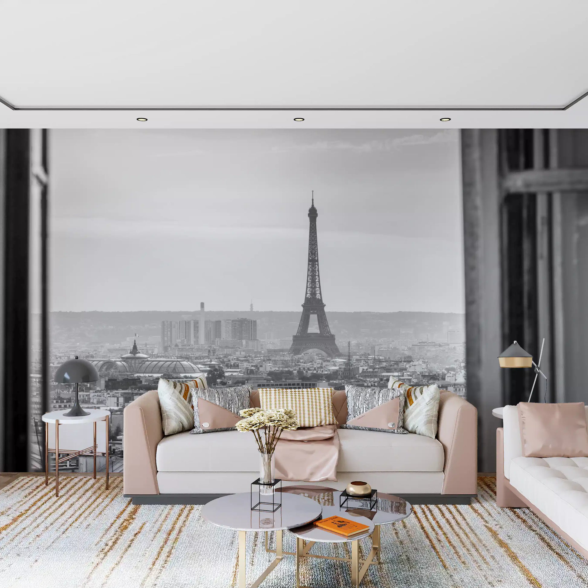 Living room scene from the Parisian Window View wall mural shows greyscale Paris details.