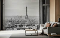 Eiffel skyline lifts a living room with the Parisian Window View wall mural look.