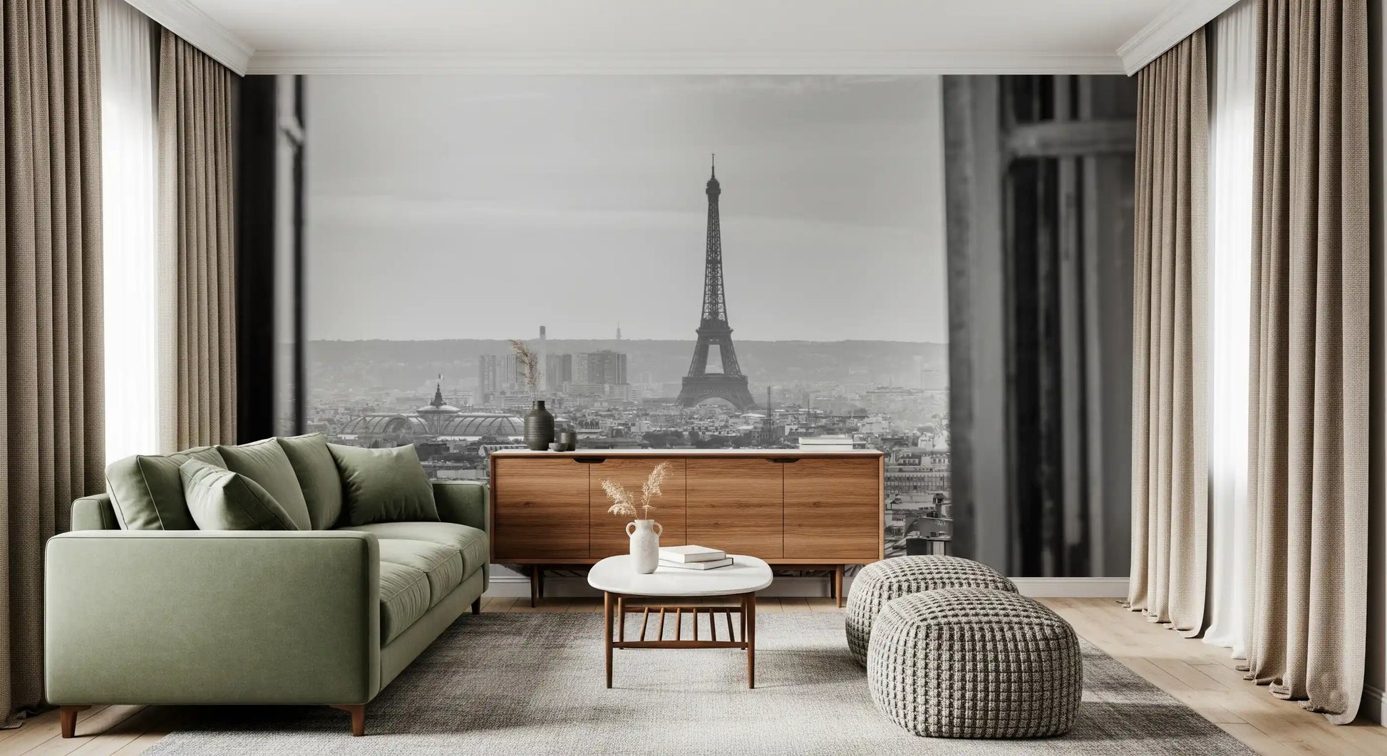 Grainy black white tones run through the Parisian Window View wall mural picture quietly.