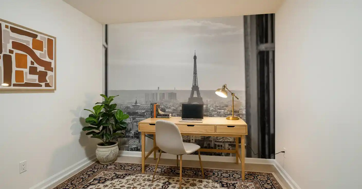 Monochrome rooftops sweep over a Study room with this Parisian Window View wall mural shot.