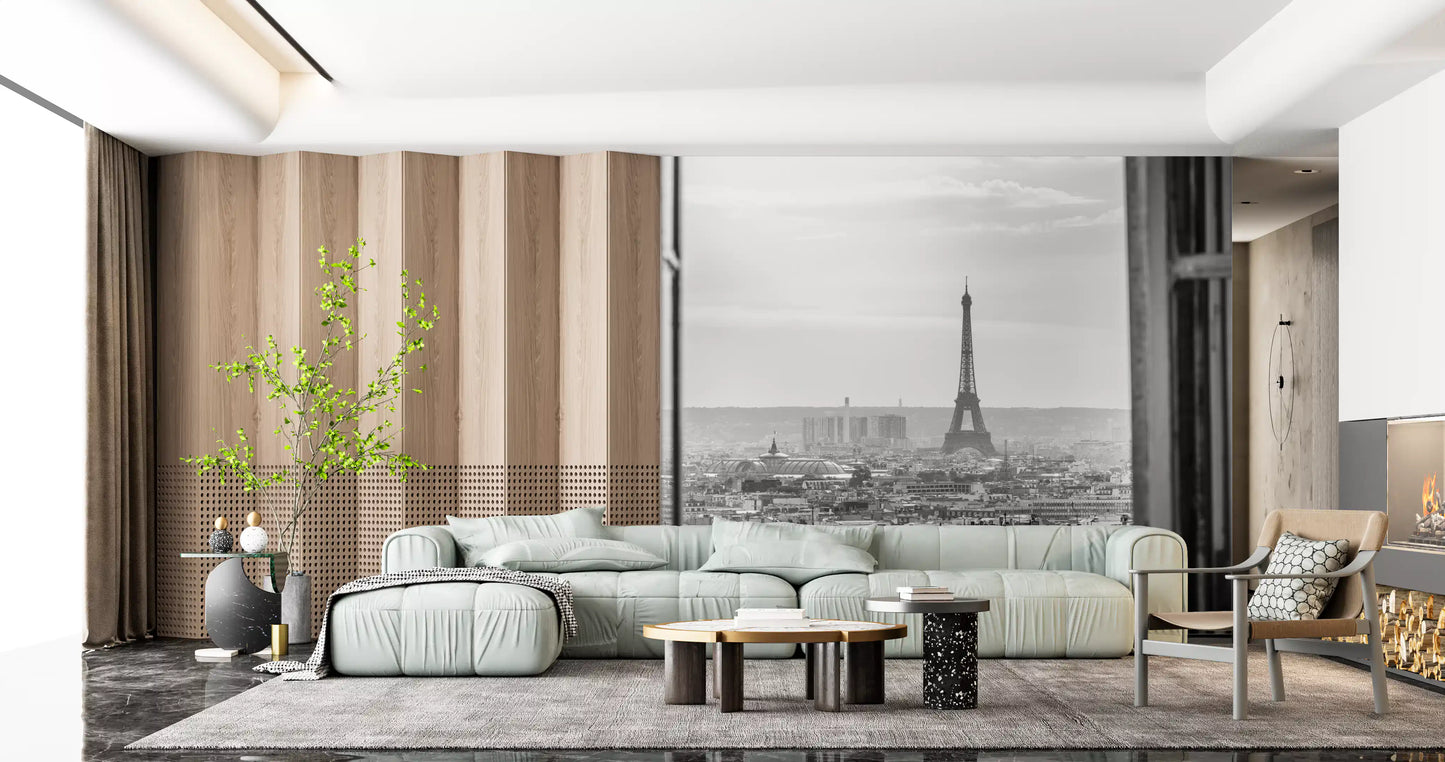 Iron tower rises above hazy Paris skyline in this Parisian Window View wall mural still.