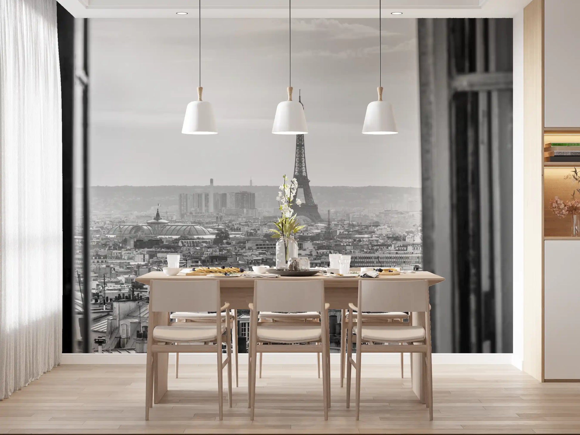 Parisian Window View wall mural makes a Dining room  feel like a Paris hideaway.