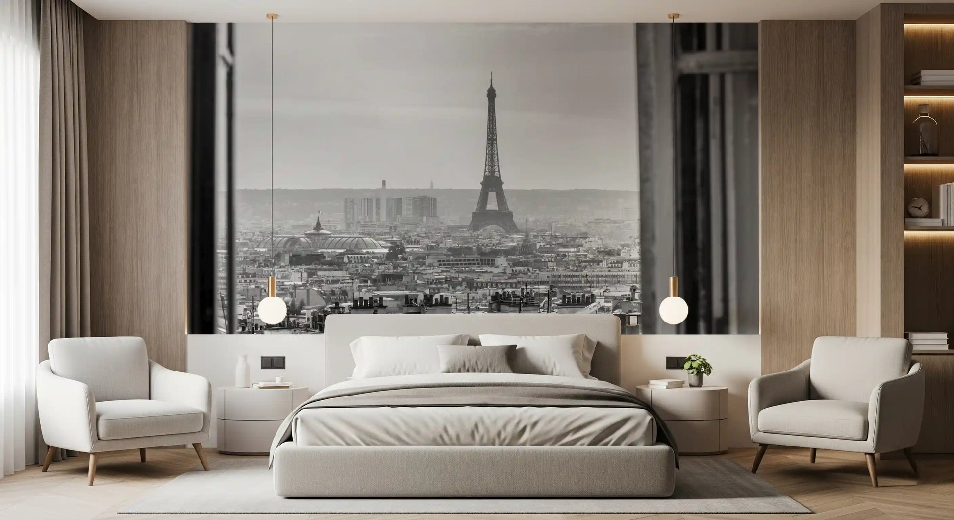 Vintage photo feel sits in this Parisian Window View wall mural with hushed grey shades.