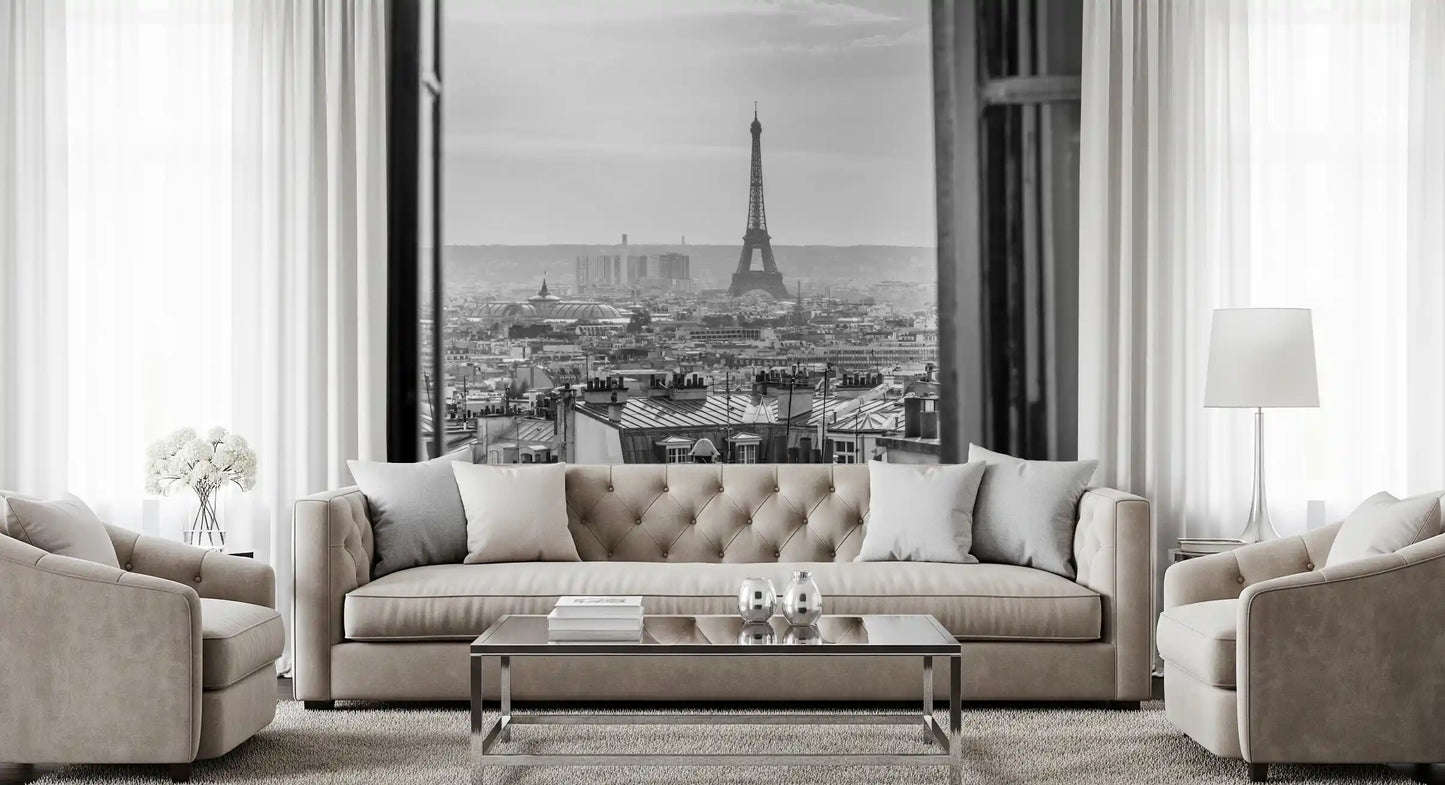 Taken from above, the Parisian Window View wall mural draws the eye to the Eiffel Tower.