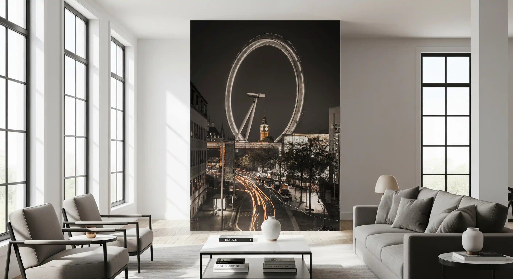Light streaks pass through the Big Ben & Thames Wheel wall mural by a Living room nook