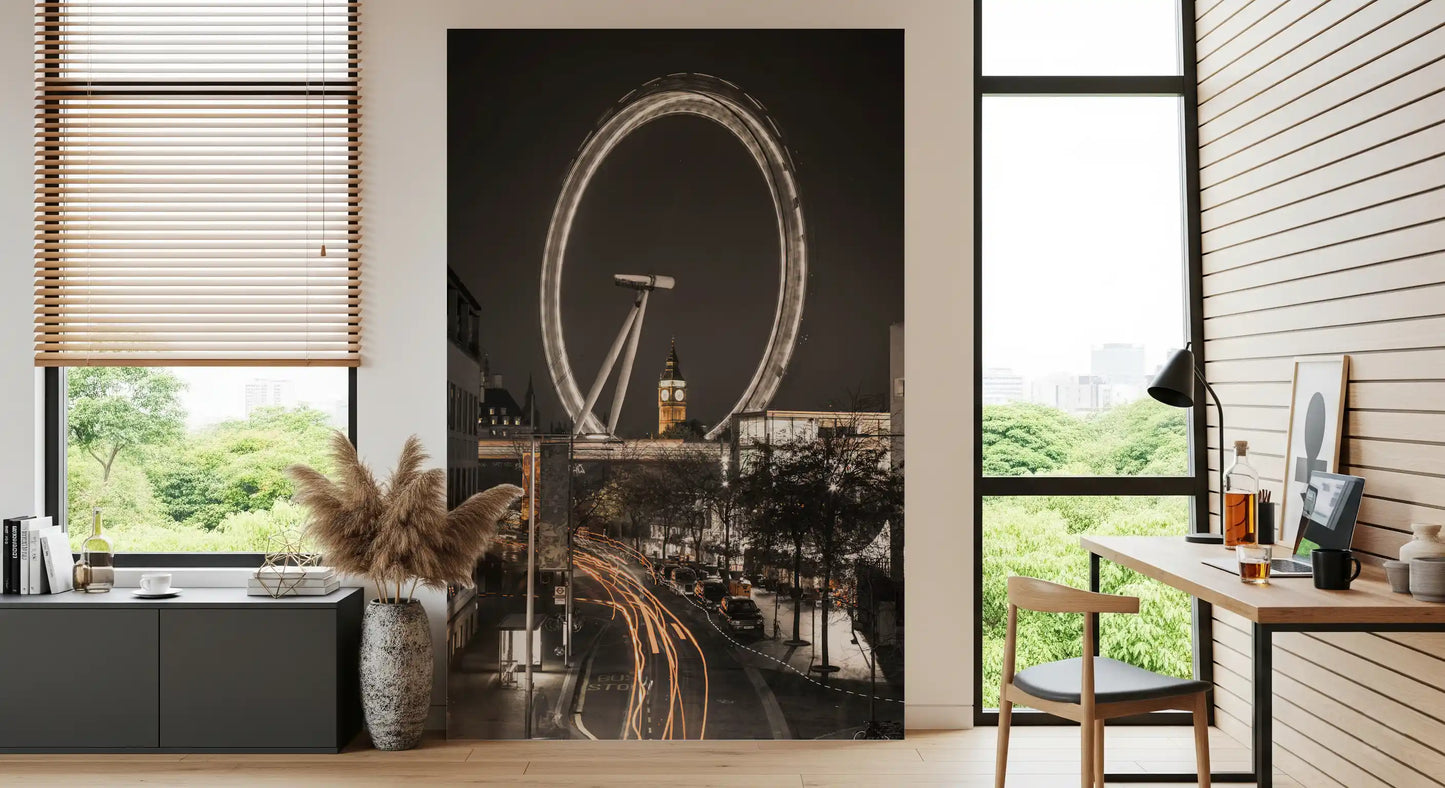 Observation circle hums above streaking traffic in the Big Ben & Thames Wheel wall mural
