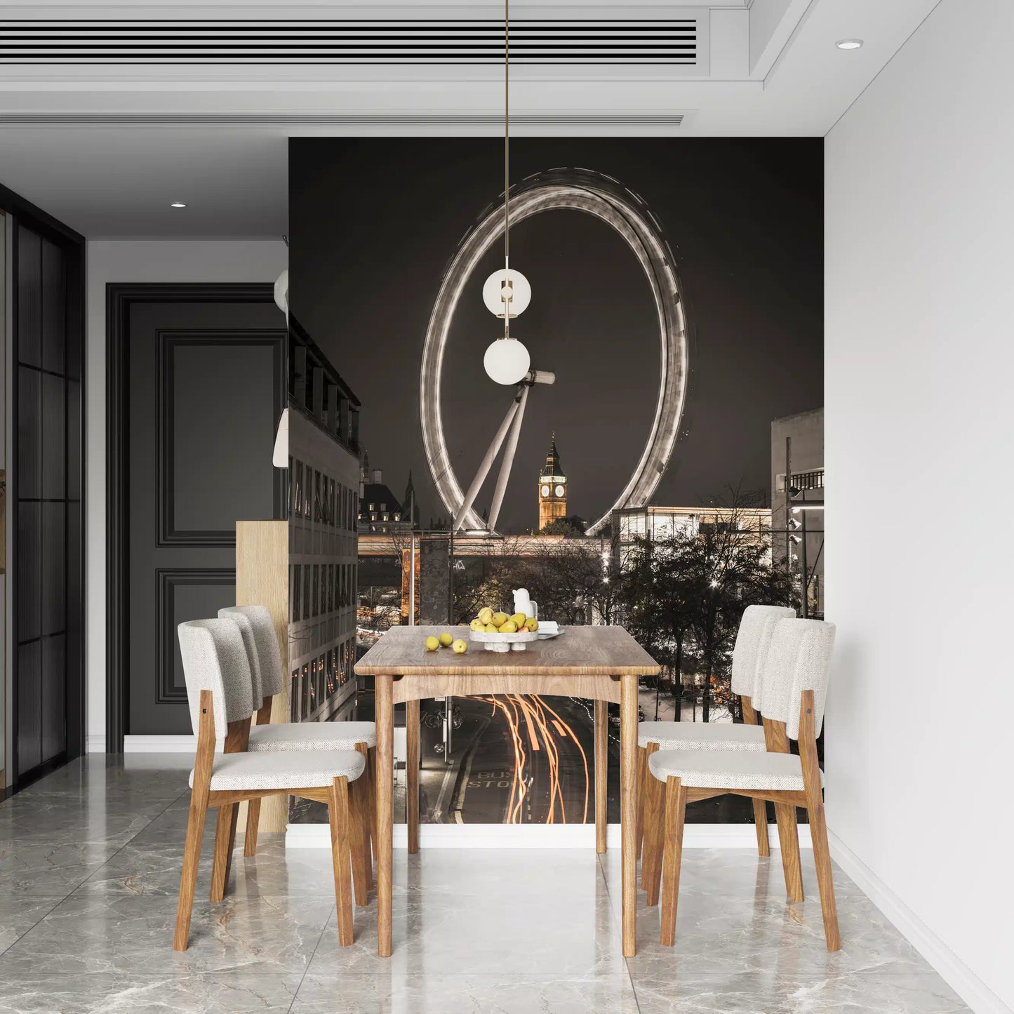 Bronze night tones fill the Big Ben & Thames Wheel wall mural facing a dining room
