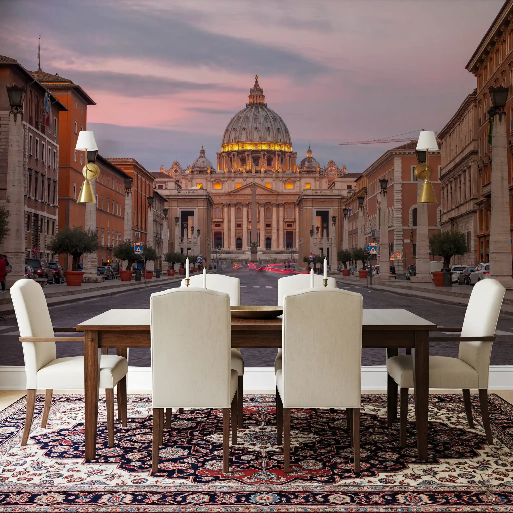 Lavender sky tones float above the cathedral within Twilight Grandeur wall mural framing