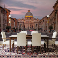 Lavender sky tones float above the cathedral within Twilight Grandeur wall mural framing