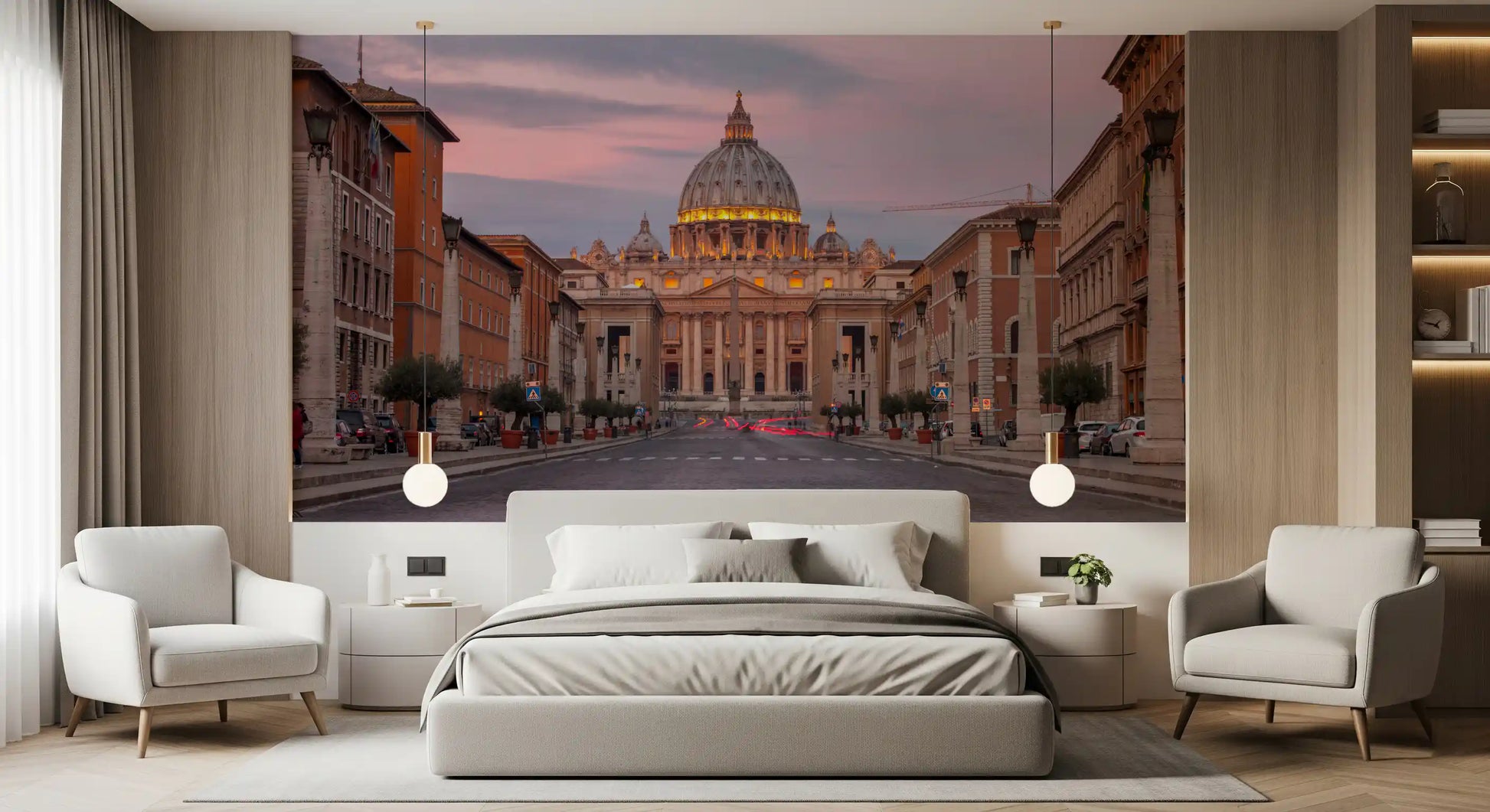 Lamplit avenue in the Twilight Grandeur wall mural marks a calm bedroom backdrop
