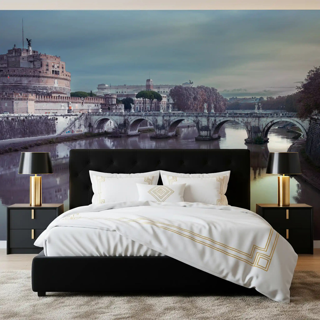 Late-day calm wraps a bedroom in the Castel Sant'Angelo wall mural.