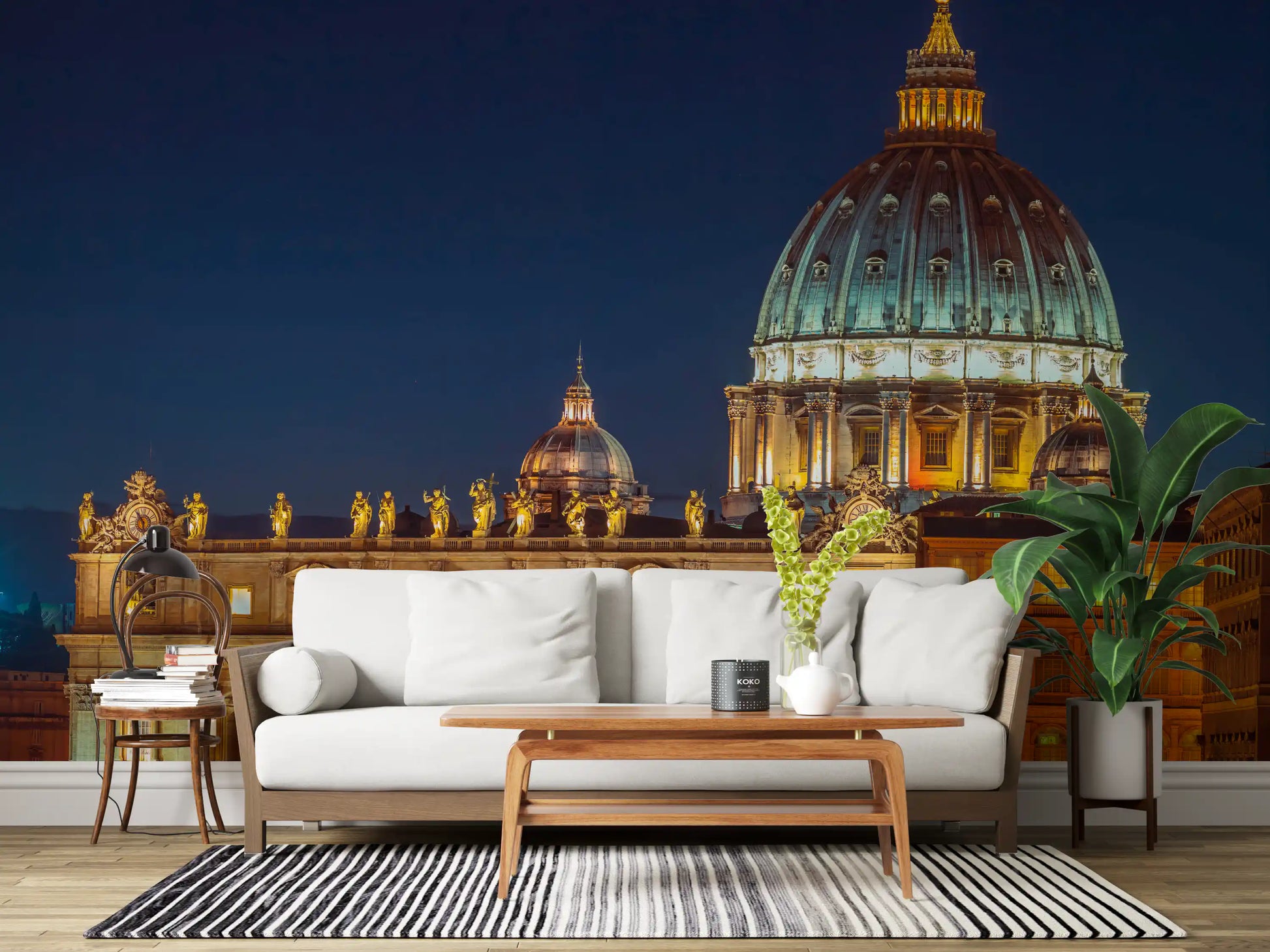 Above a Living room, the Vatican Night Illuminated Majesty wall mural glows in deep blue.
