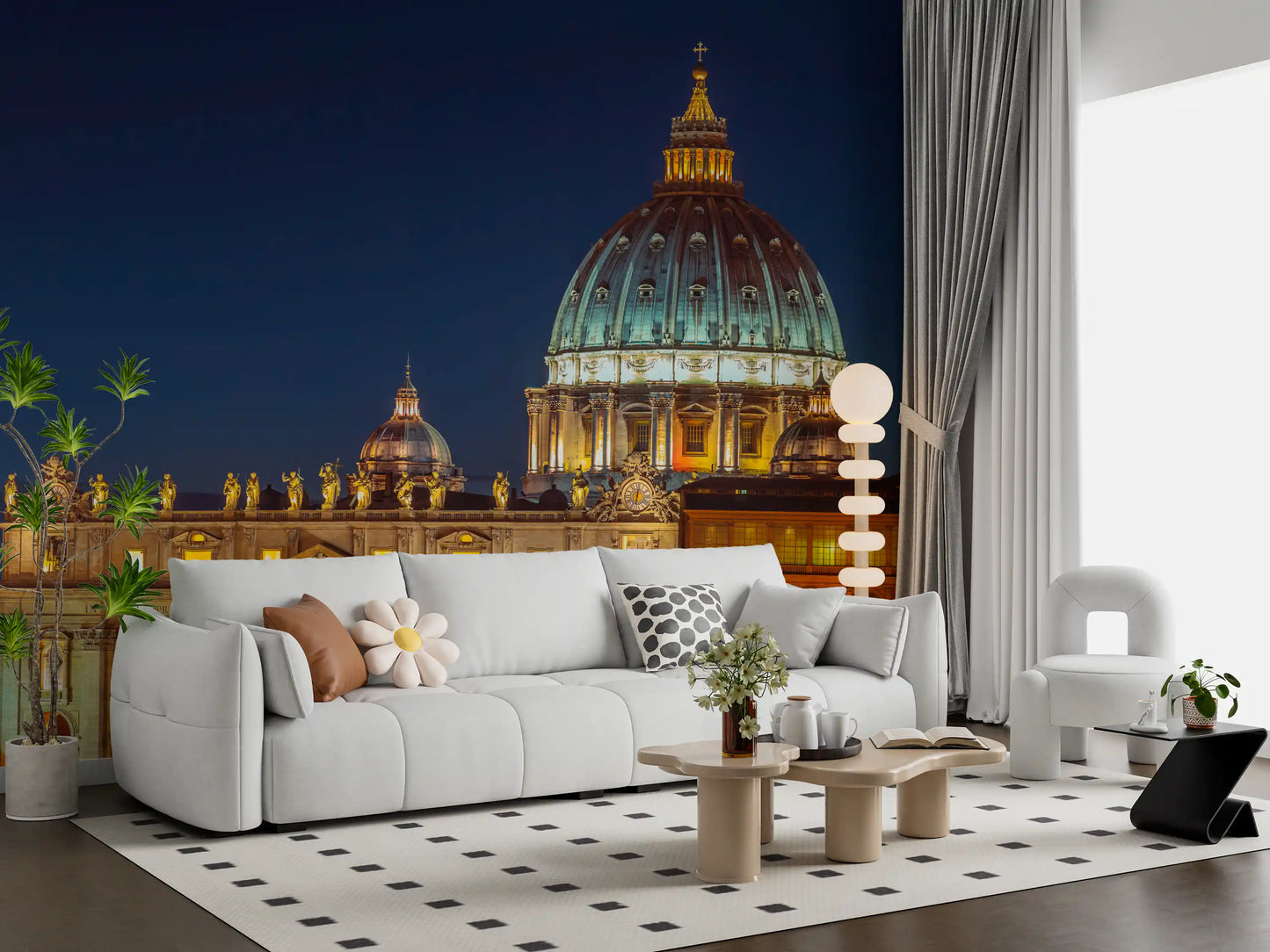 Gilded basilica light meets a lounge in this Vatican Night wall mural piece.
