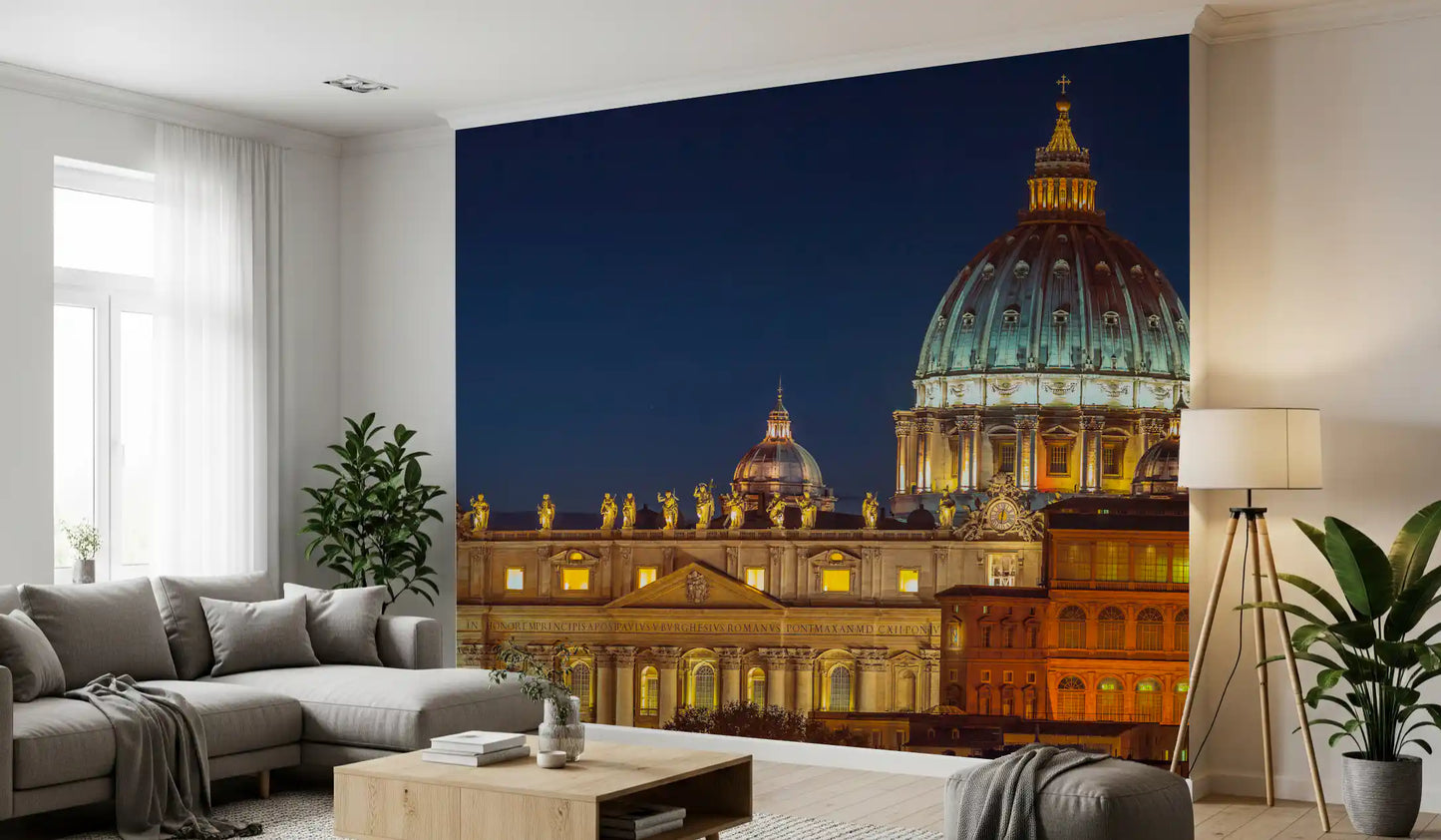 Twin cupolas flank the tall central dome in this Vatican Night wall mural arrangement.
