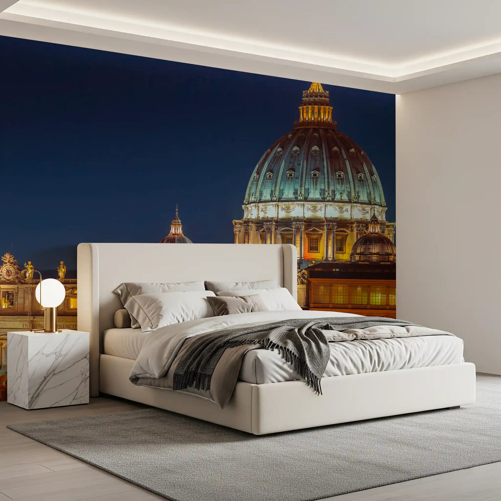 A cross-topped lantern crowns the highest dome of the Vatican Night wall mural piece.