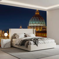 A cross-topped lantern crowns the highest dome of the Vatican Night wall mural piece.