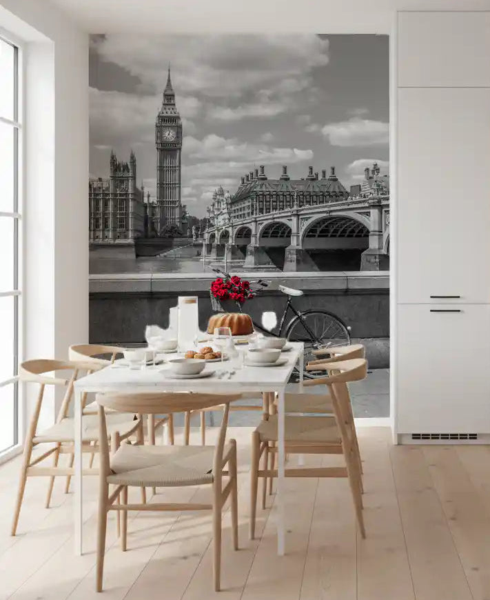 Clock tower watches over a kitchen-dining space with this London Love wall mural picture.