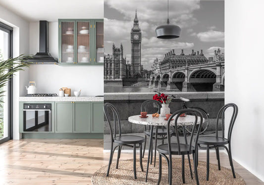 Westminster scene runs along a dining room with this London Love wall mural setup.