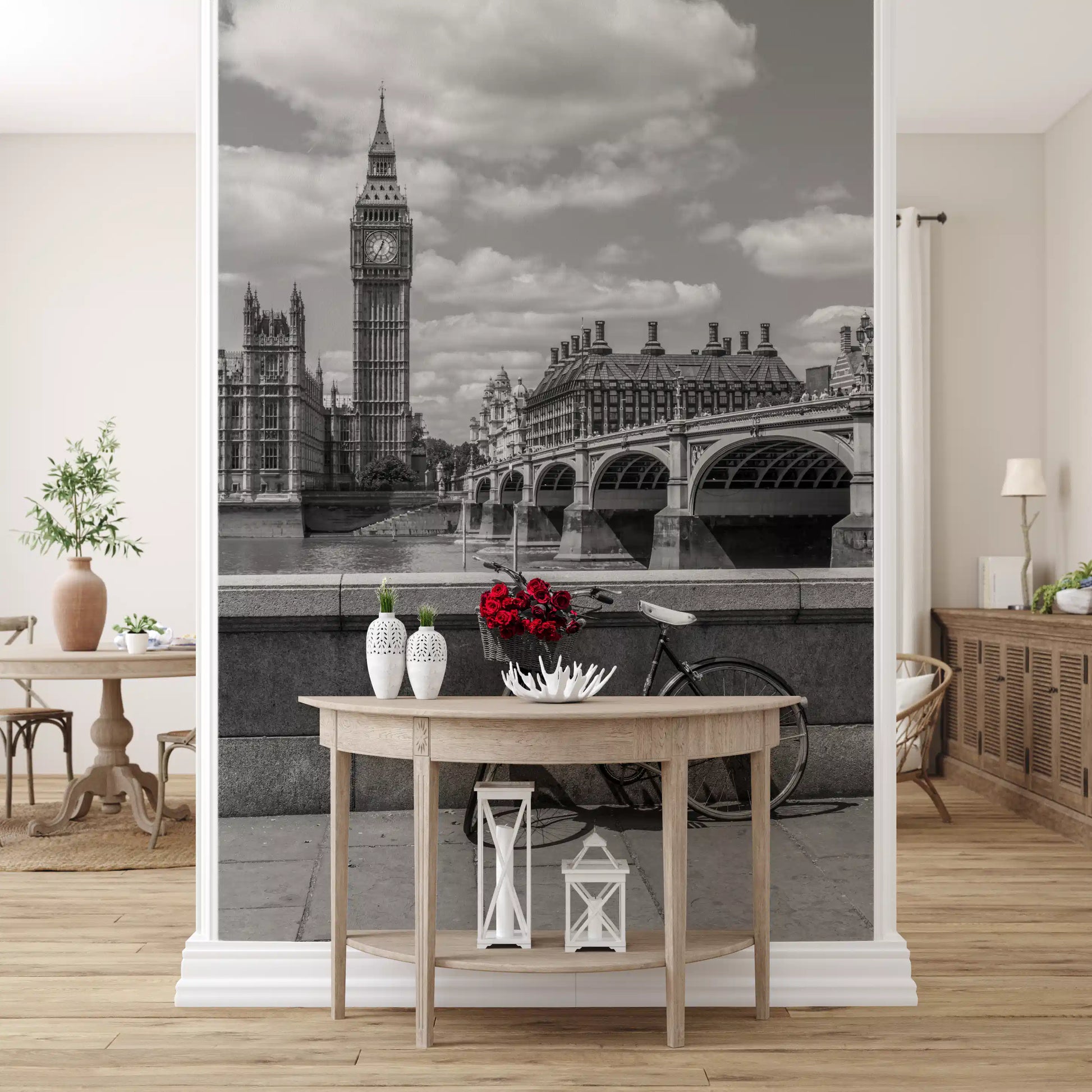 Bridge arches rise across the London Love wall mural in slow monochrome.