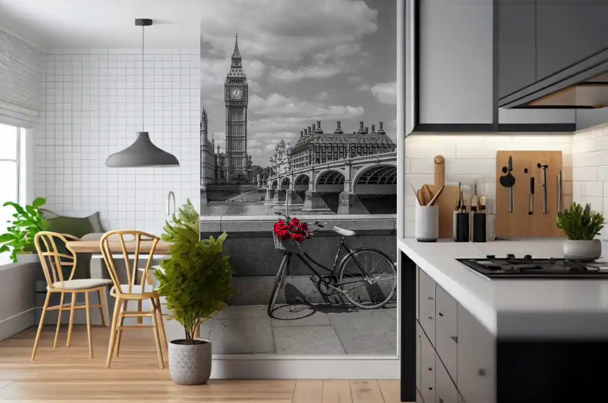 London Love wall mural greets a Kitchen and dining room with Big Ben as the standout.
