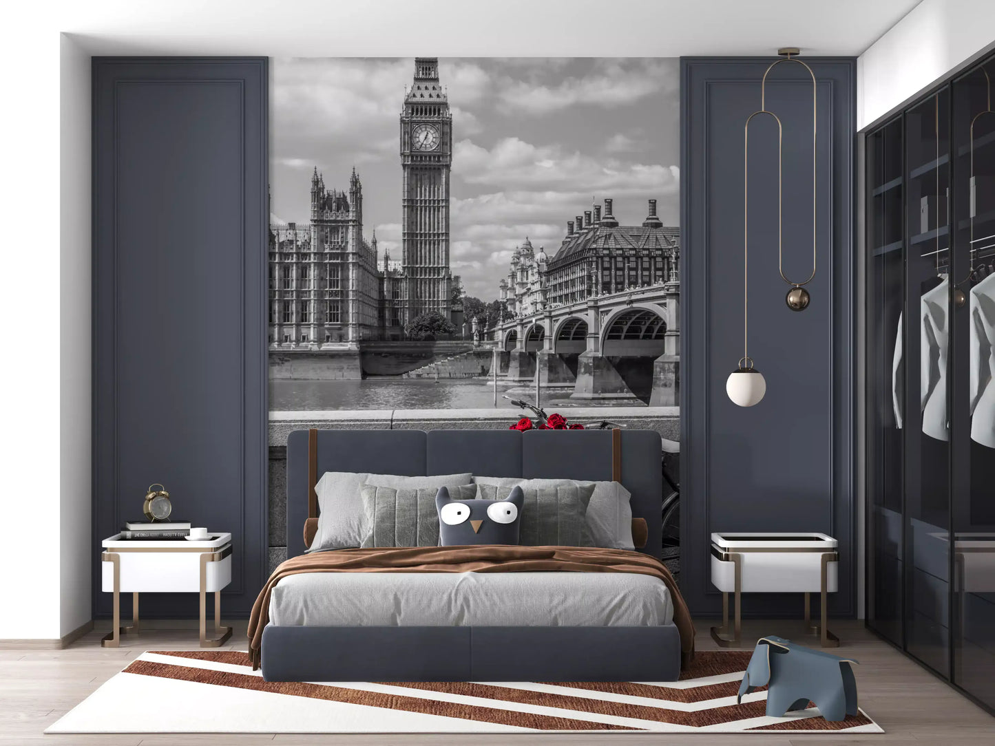 Cool grey tones run through the London Love wall mural across the cityscape.