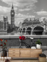 Tied to a bicycle, red roses face the London Love wall mural skyline.
