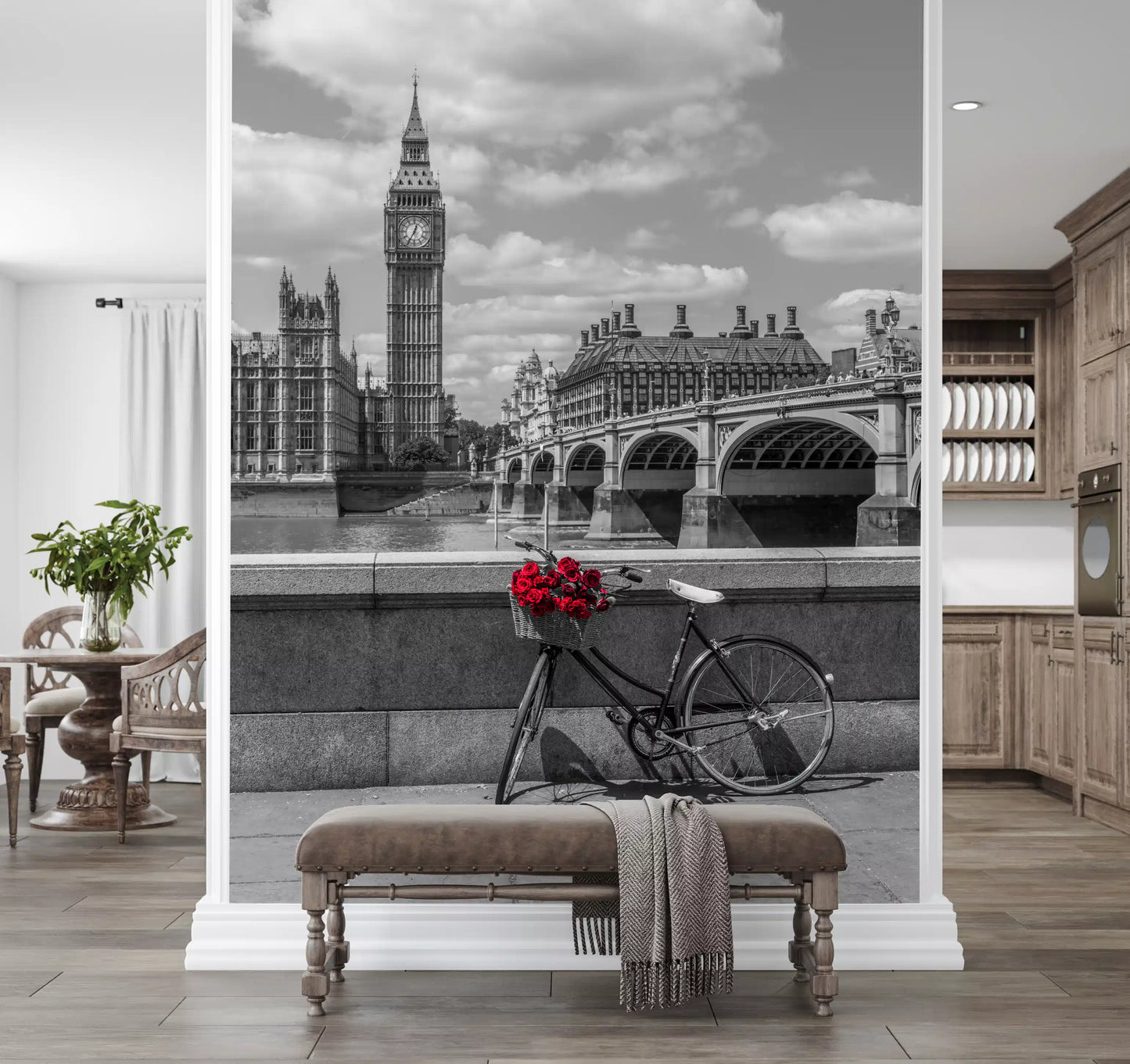 Greyscale city skyline pairs with a Hallway through the London Love wall mural feel.