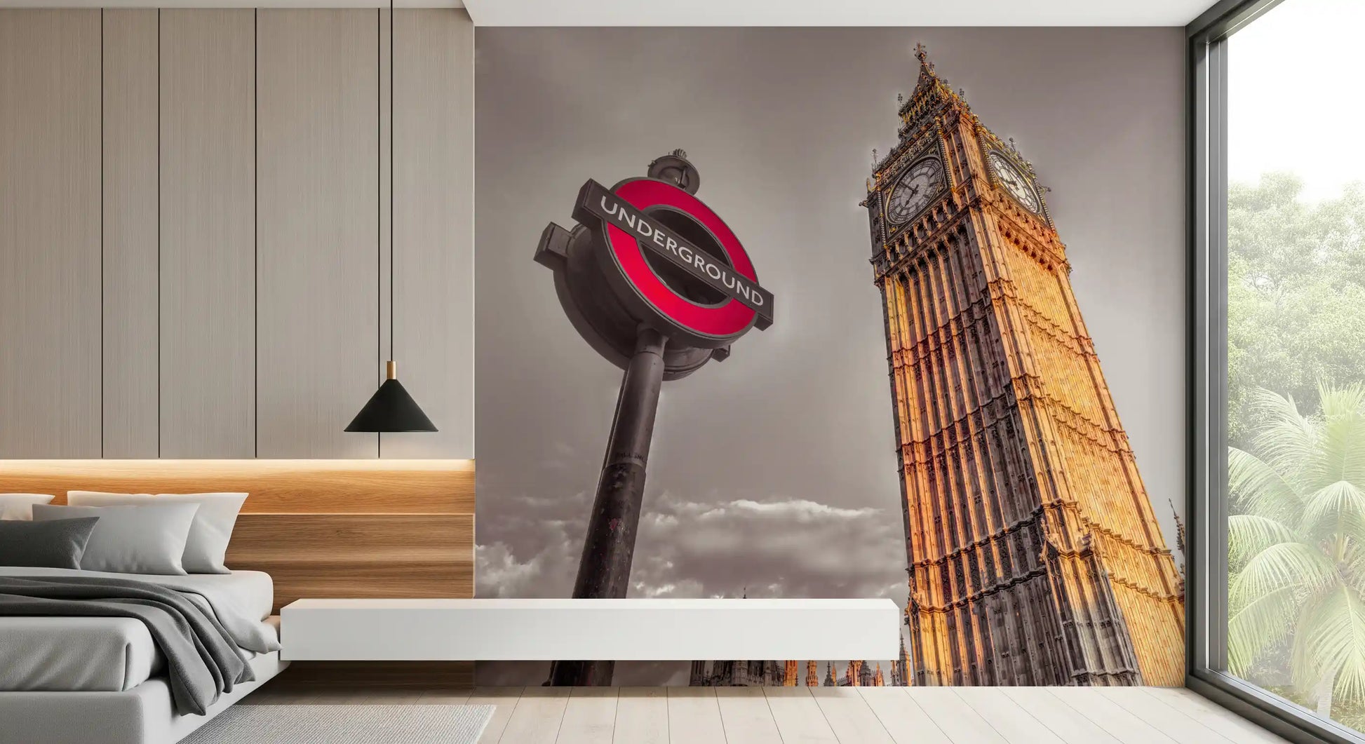 Daylight bronze coats the Big Ben tower face in the London Icons wall mural