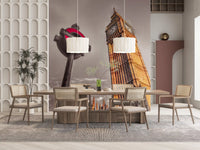 Sunlit clock tower spires within the London Icons wall mural meet a Dining room 
