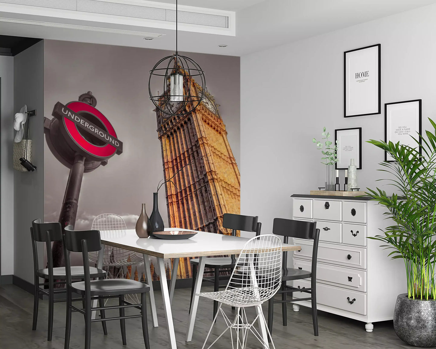 Underground sign flashes crimson by a dining room in the Golden Hour Contrast wall mural