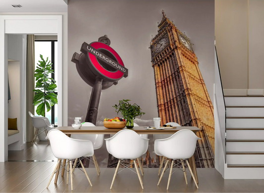 Vivid red roundel pops over the Golden Hour Contrast wall mural near a Dining room 
