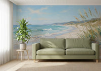Painterly coastline of the Serene Canvas wall mural extends down a hallway