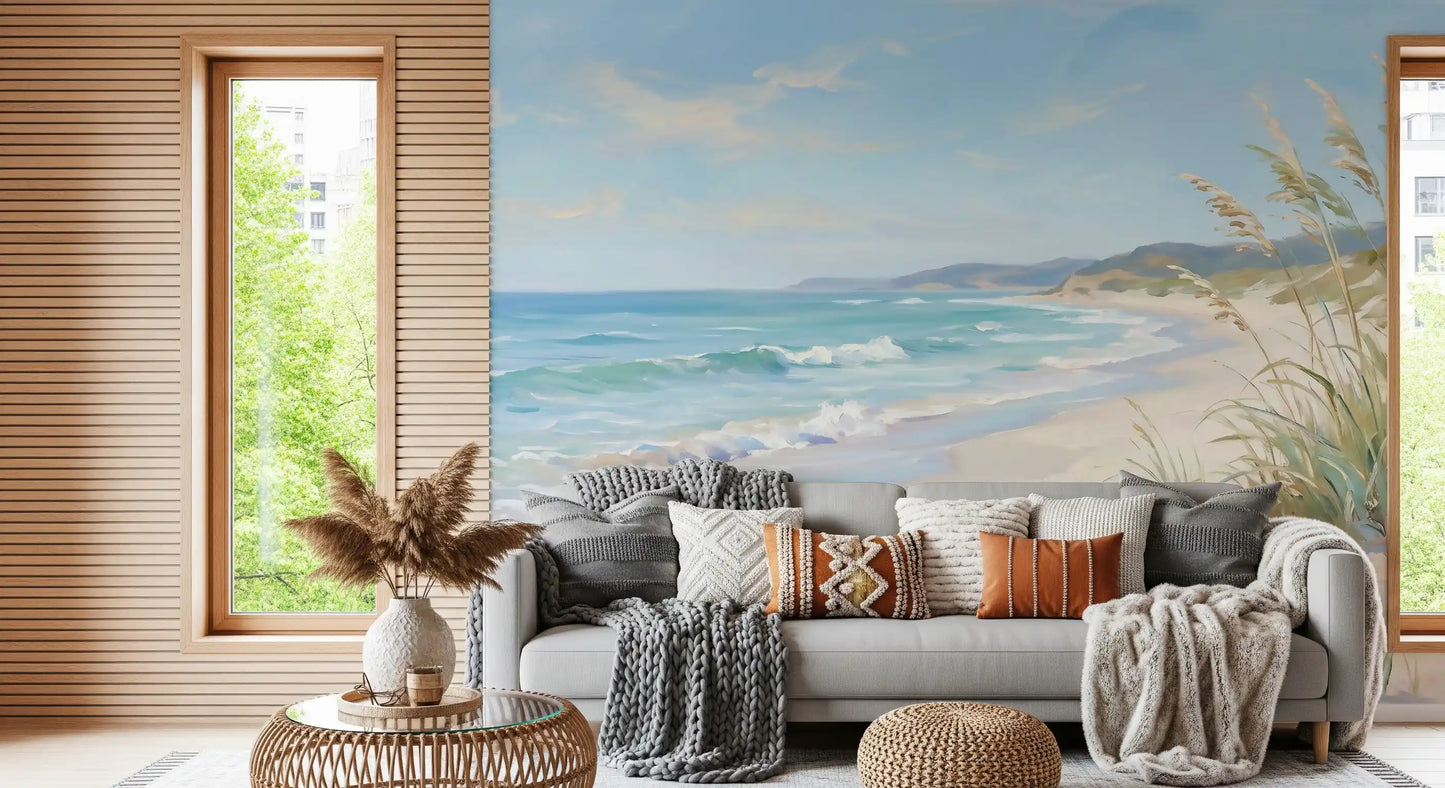 Tall dune grass strokes of the Coastal Canvas wall mural shape a Living room mood