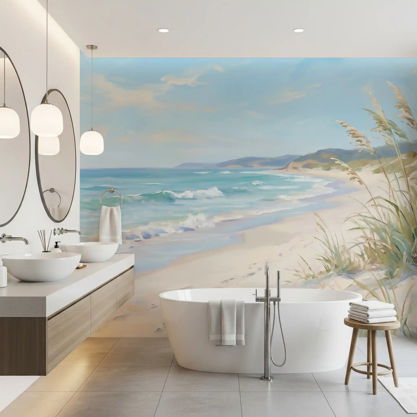 Sea oats and aqua waves of the Serene Coastal Canvas wall mural meet a Bathroom edge
