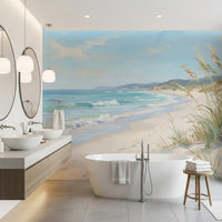 Sea oats and aqua waves of the Serene Coastal Canvas wall mural meet a Bathroom edge