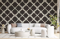 Modern motif fills a hallway through the Textured Lattice Trellis wallpaper layout.
